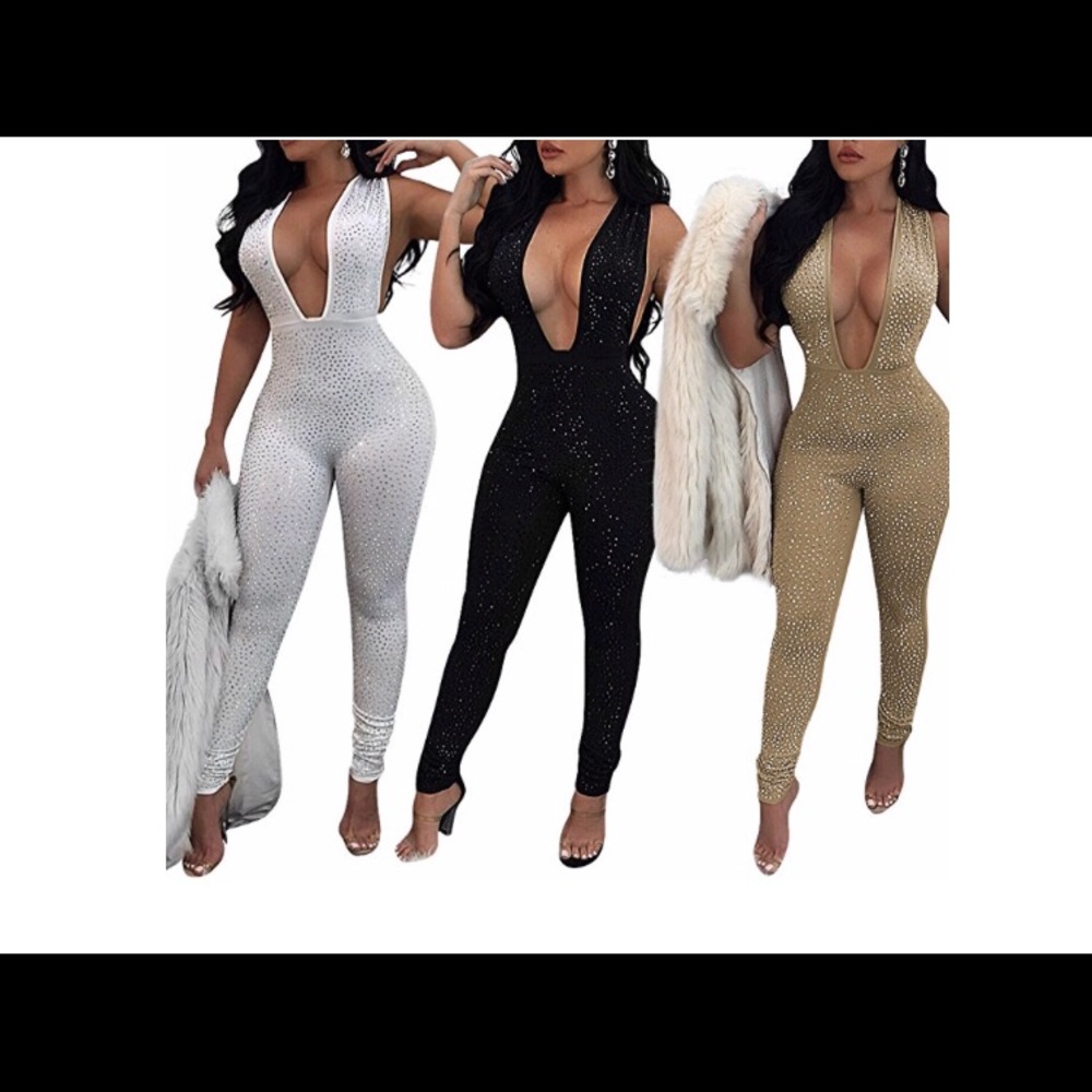 Rhinestone deep v neck sequin jumpsuit